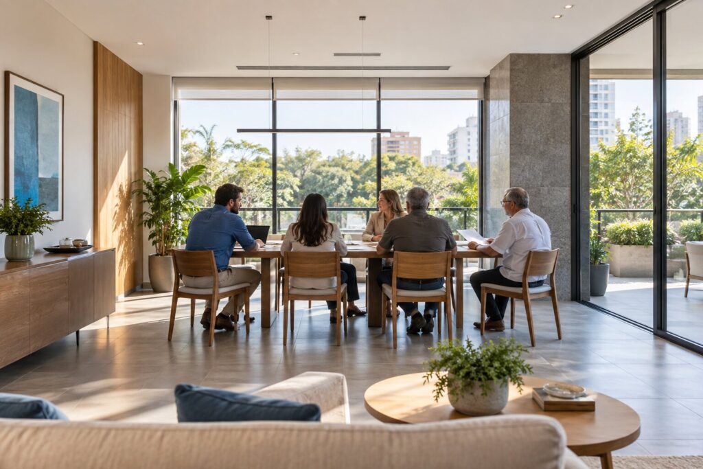 Imagem conceitual gerada por IA de reunião condominial; não representa cliente real.