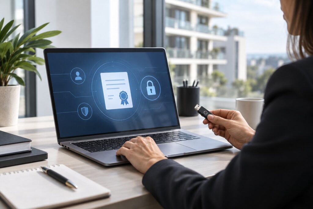 Imagem conceitual gerada por IA de uso de certificado digital; não representa cliente real.