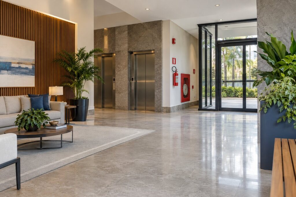 Imagem conceitual gerada por IA de área comum residencial bem cuidada; não representa cliente real.